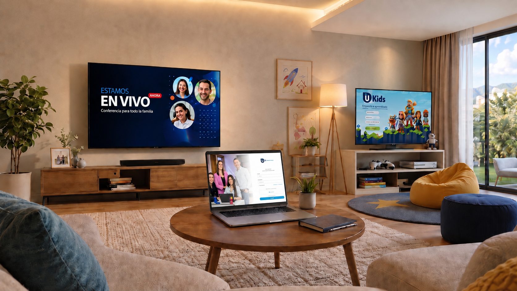 Sala de estar con un televisor transmitiendo el evento en vivo, un portátil con la plataforma La U y un segundo televisor con La U Kids.